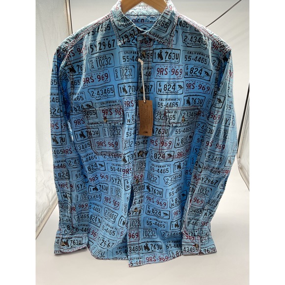 Barn Fly Trading License‎ Plate Print Button Up Long Sleeve Shirt Medium - Picture 1 of 11